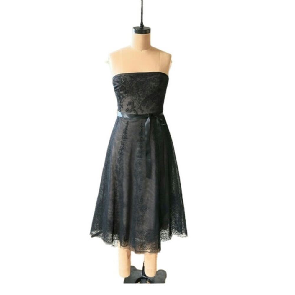 Bcbgmaxazria Black Lace Fit & Flare Strapless Embroidered Dress Sz L